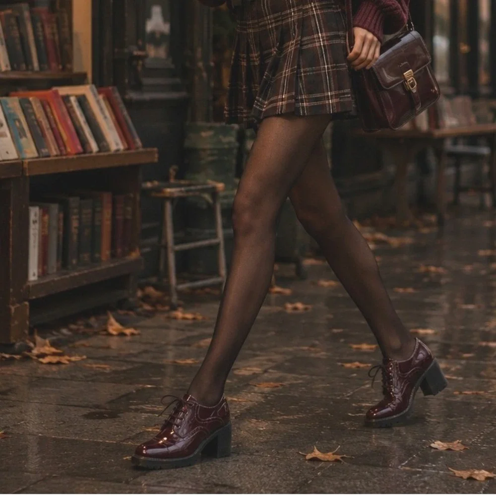 Womens Burgundy Patent Lace Up‎ Oxford Platform Chunky Heel Lug Sole Shoe Size 7